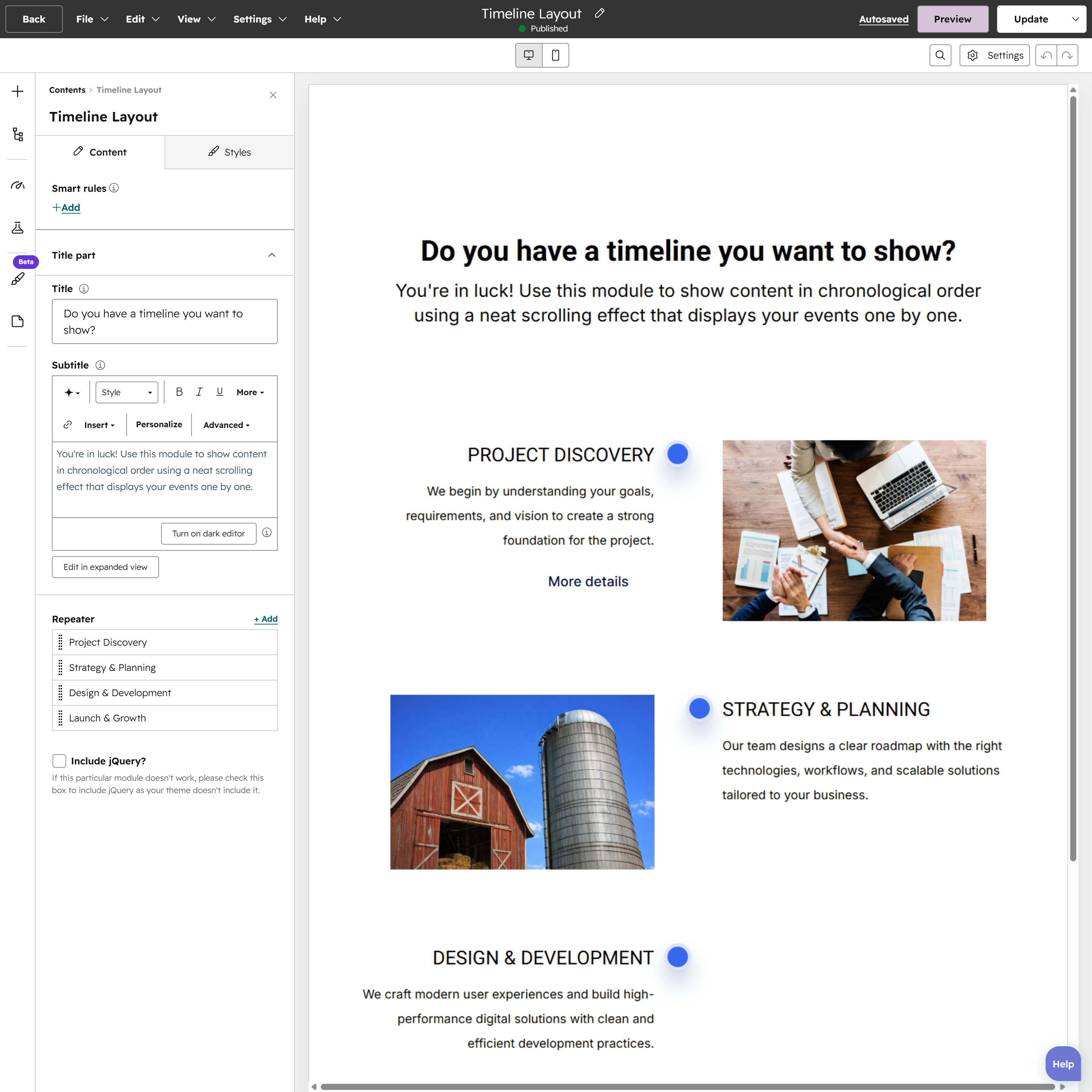 Easily add and manage multiple timeline items with flexible repeater controls.