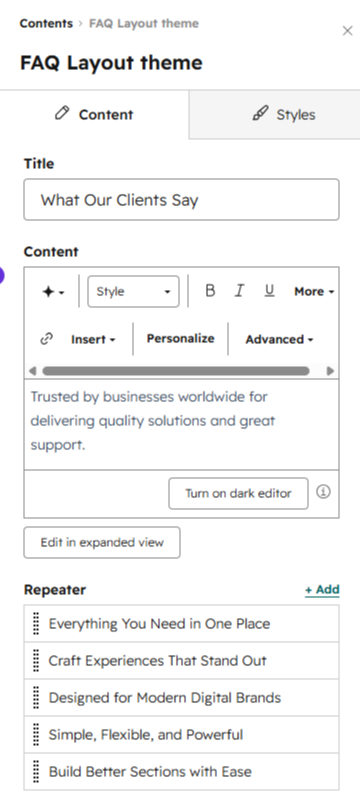 The repeater functionality allows you to create unlimited FAQ entries.